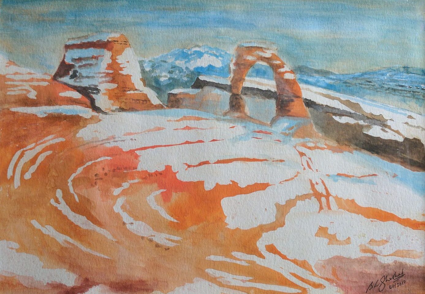 Watercolor painting of Delicate Arch, Arches National Park UT