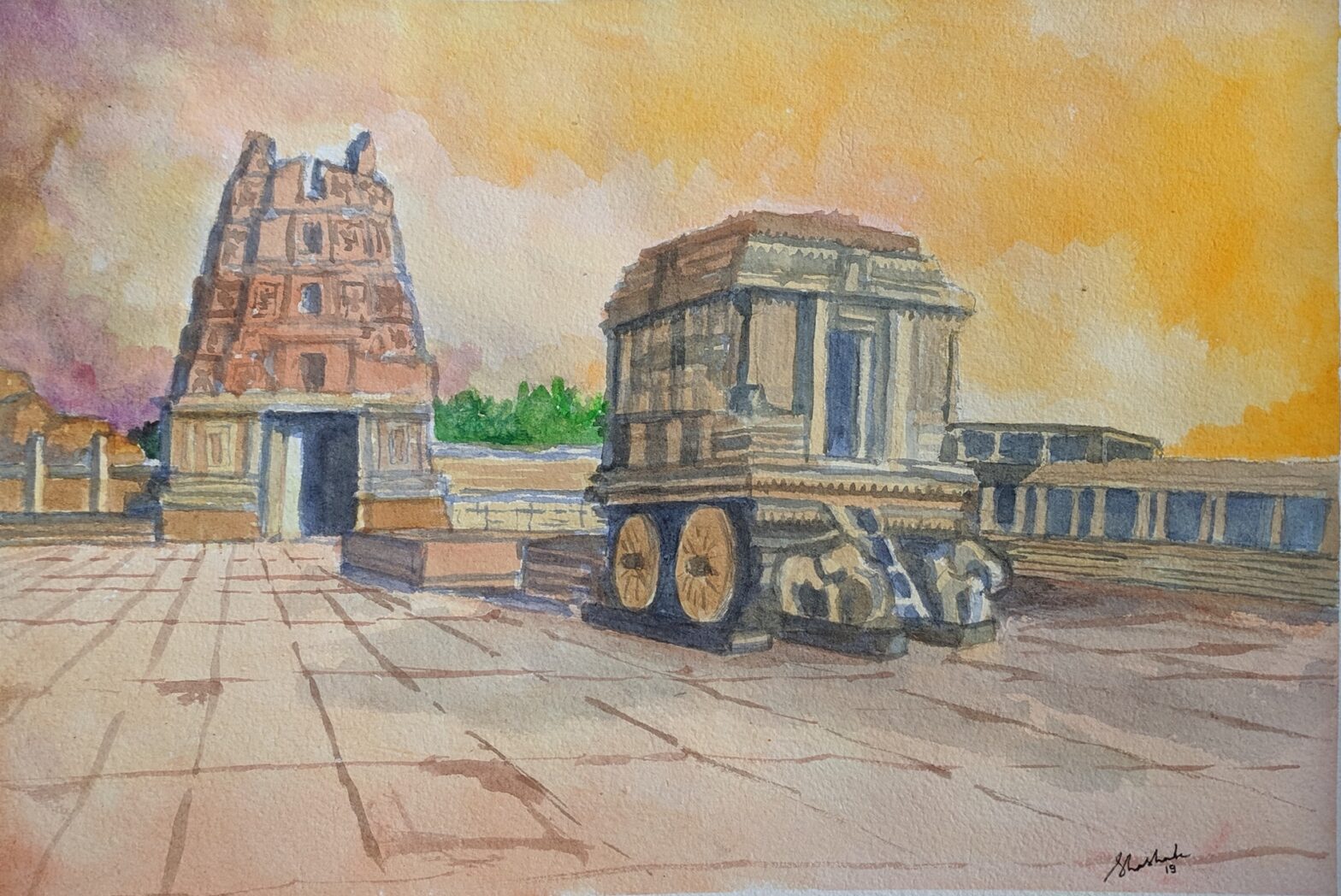 Hampi Stone Chariot, watercolor painting